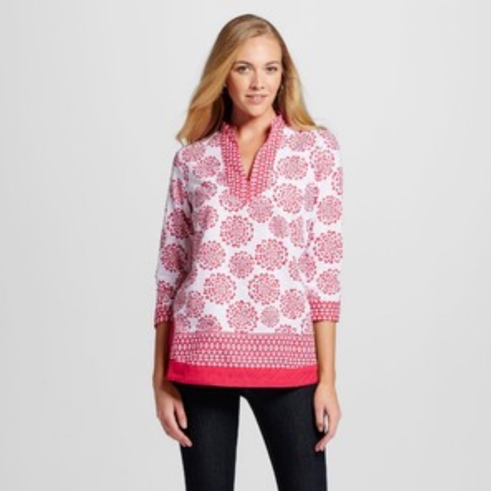 Zac & Rachel Women's Pink White Floral Cotton Regal Runic Tunic Top Size L